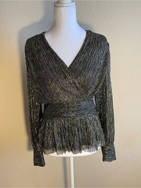 The Kooples Metallic Silver-Black Wrap Peplum Blouse NWT